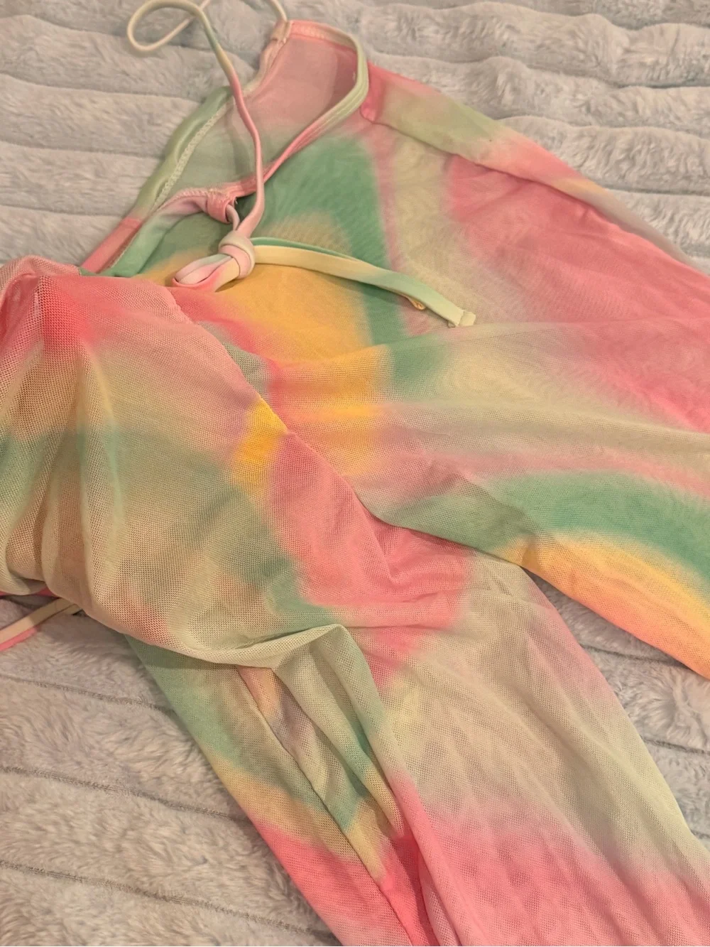 NEVER WORN adorable 3-piece pastel swim set with tie dye bikini and sheer pants